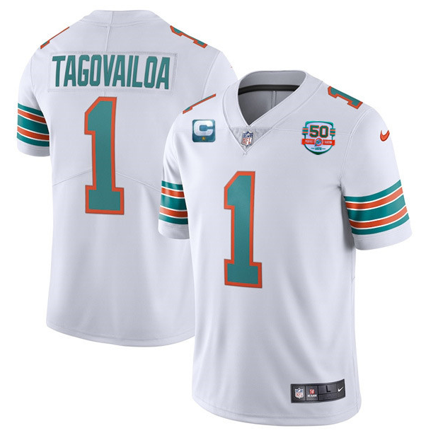 Men's White Miami Dolphins Customized With 1-Star C Patch 50th Perfect Season Patch Stitched Jersey